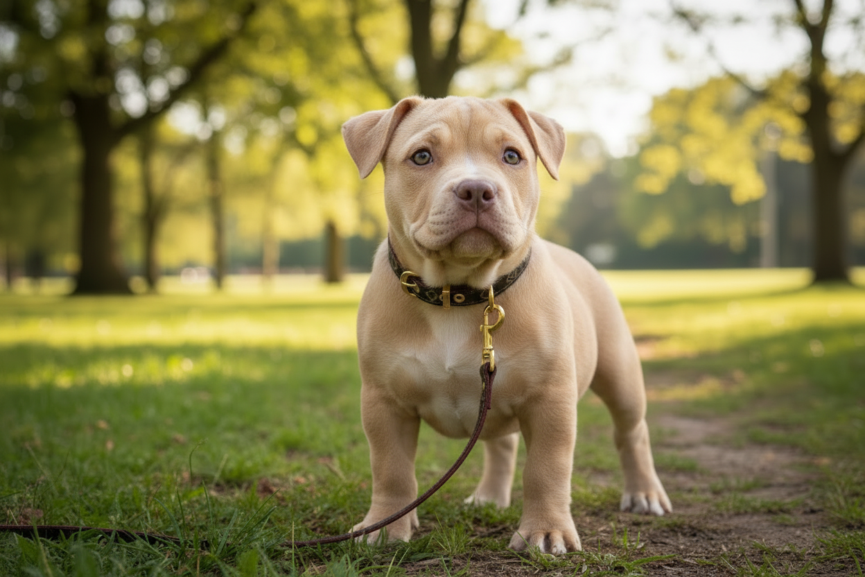 10-week-old American Bully puppy with collar and lead