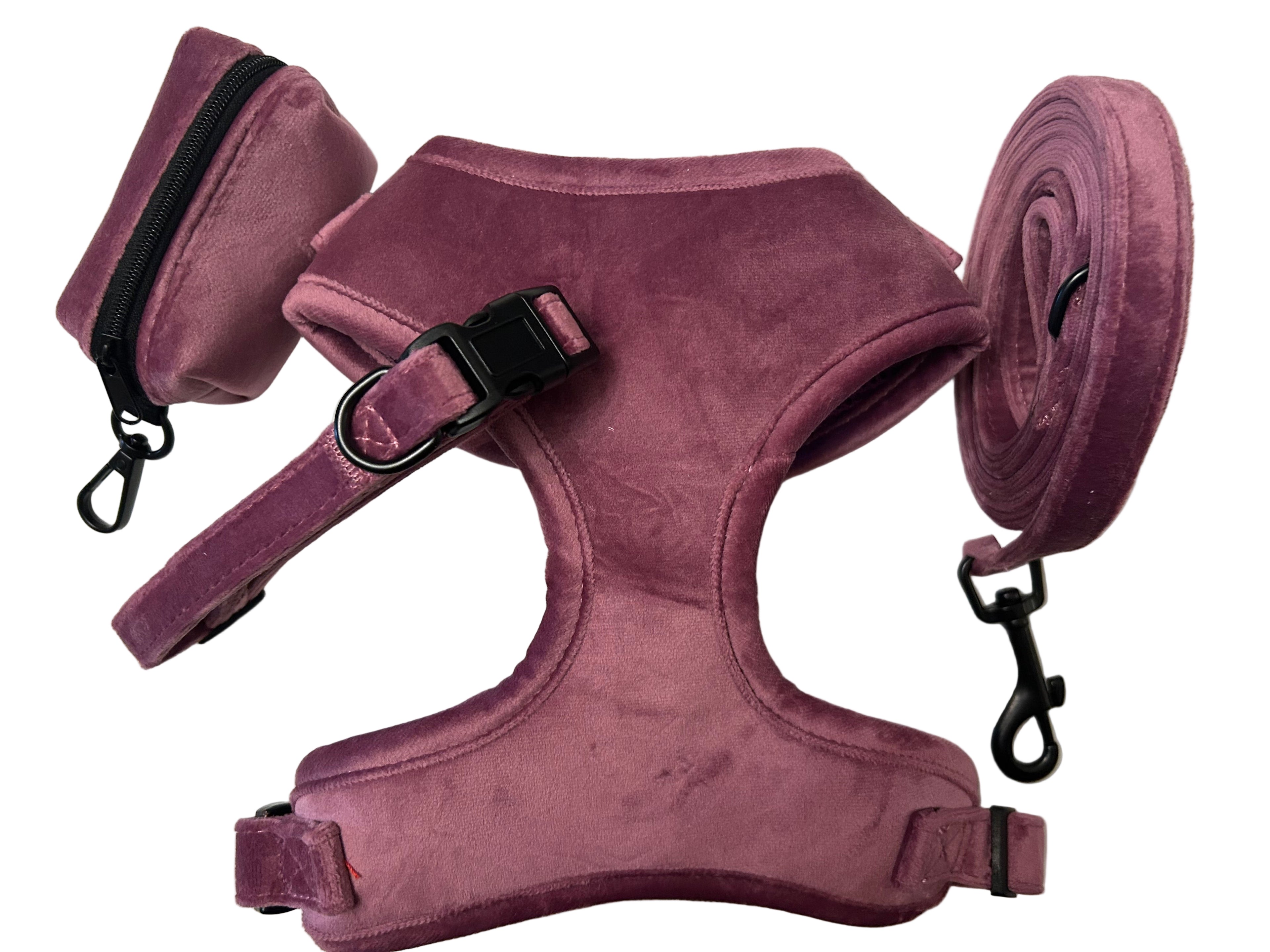 Dapper Dogs Design - Purple Velvet Complete Set ( Harness, Collar, Lead & Poo Bag Holder)