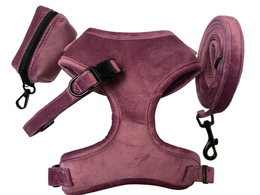 Softest VelVet Comfy Harness, Collar, Lead and Poo bag Complete Set