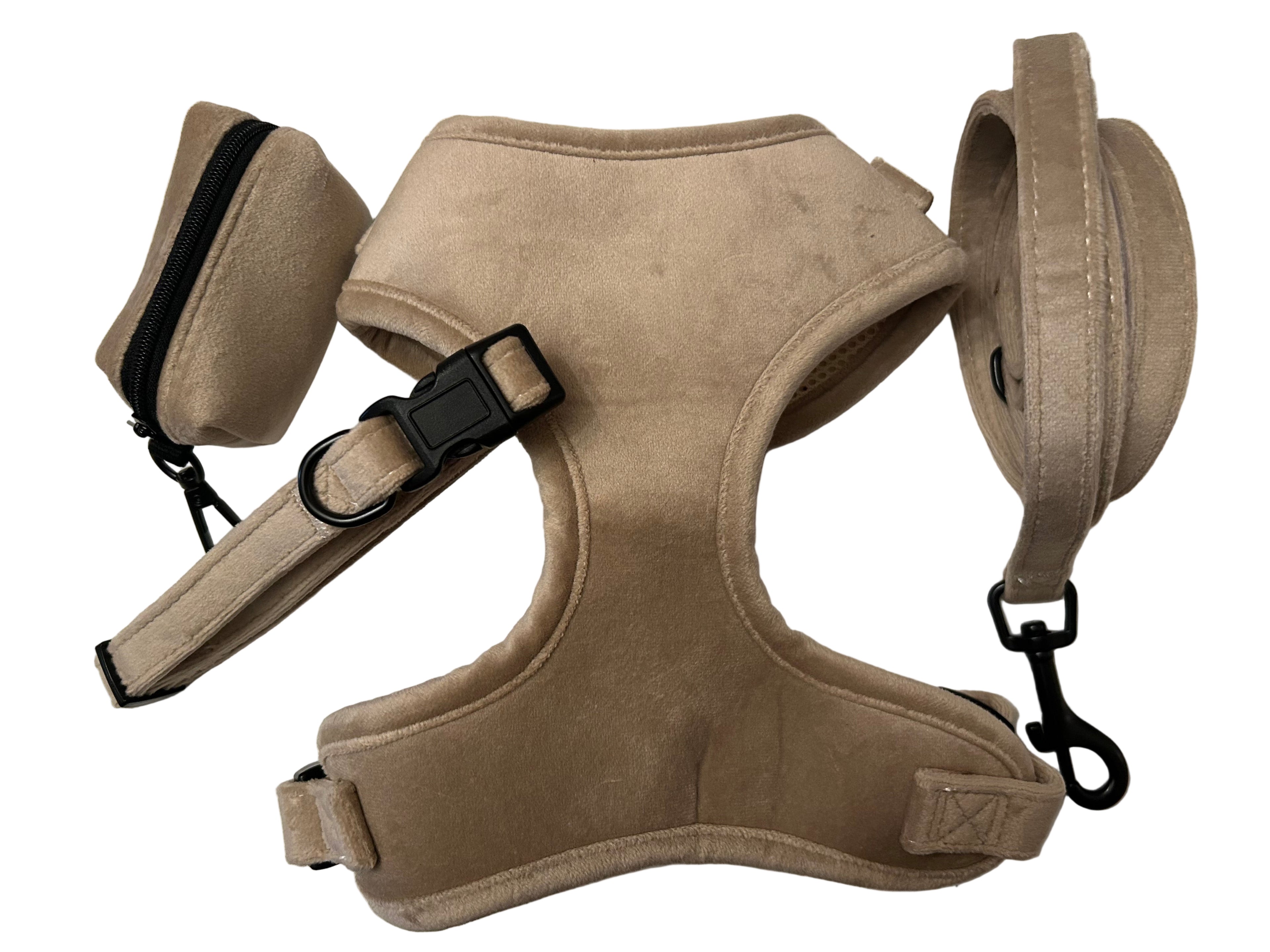 Dapper Dogs Design - Beige Softest Velvet Complete Set ( Harness, Collar, Lead & Poo Bag Holder )