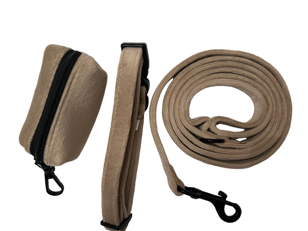 Dapper Dogs Design - Beige Softest Velvet Complete Set ( Harness, Collar, Lead & Poo Bag Holder )