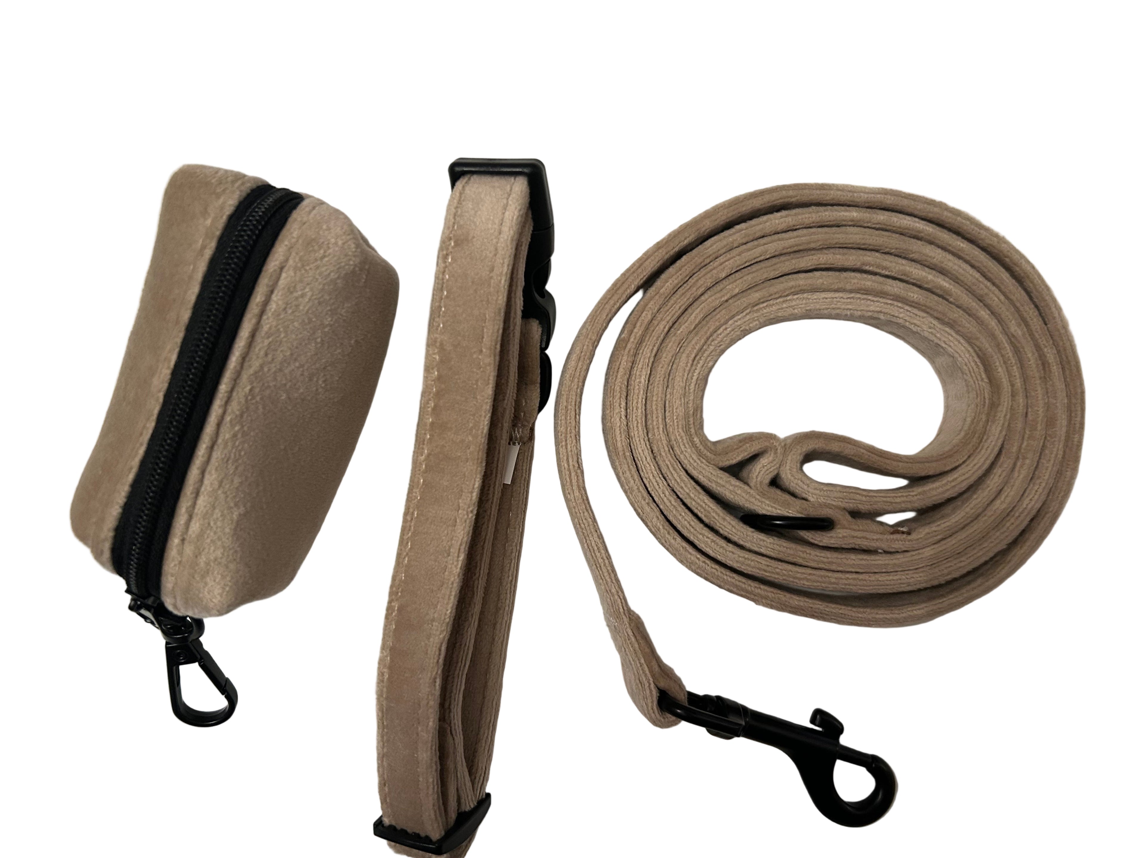 Dapper Dogs Design - Beige Softest Velvet Complete Set ( Harness, Collar, Lead & Poo Bag Holder )