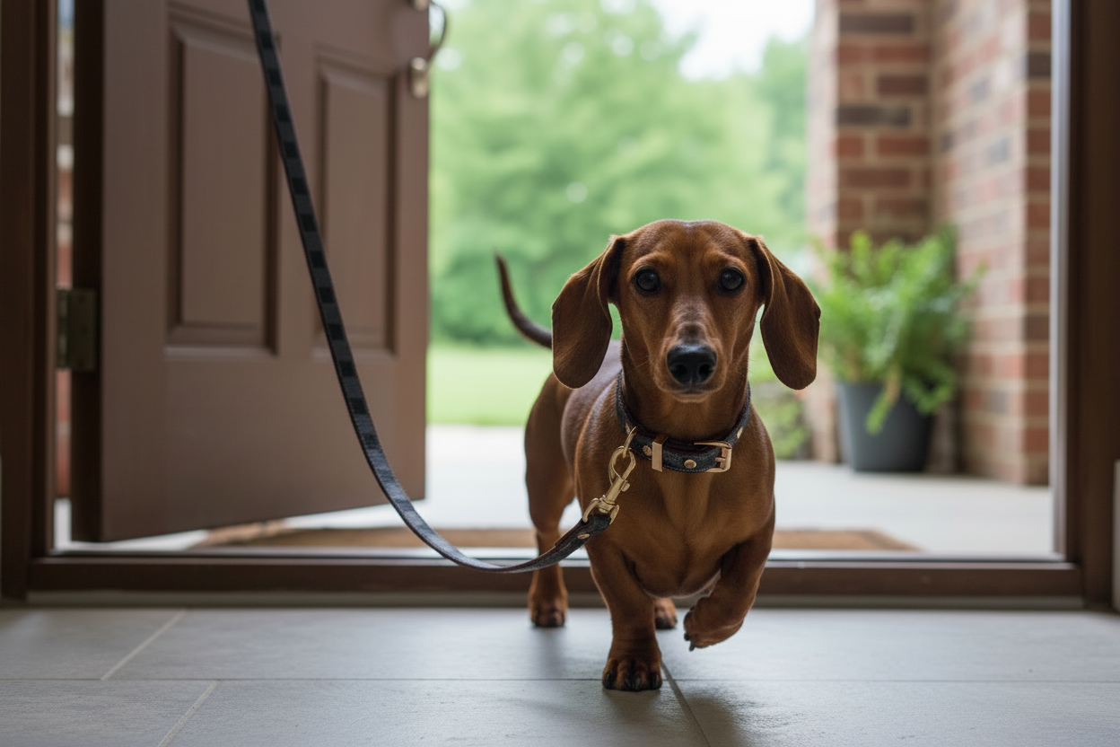 Enhanced realistic dachshund at house entrance