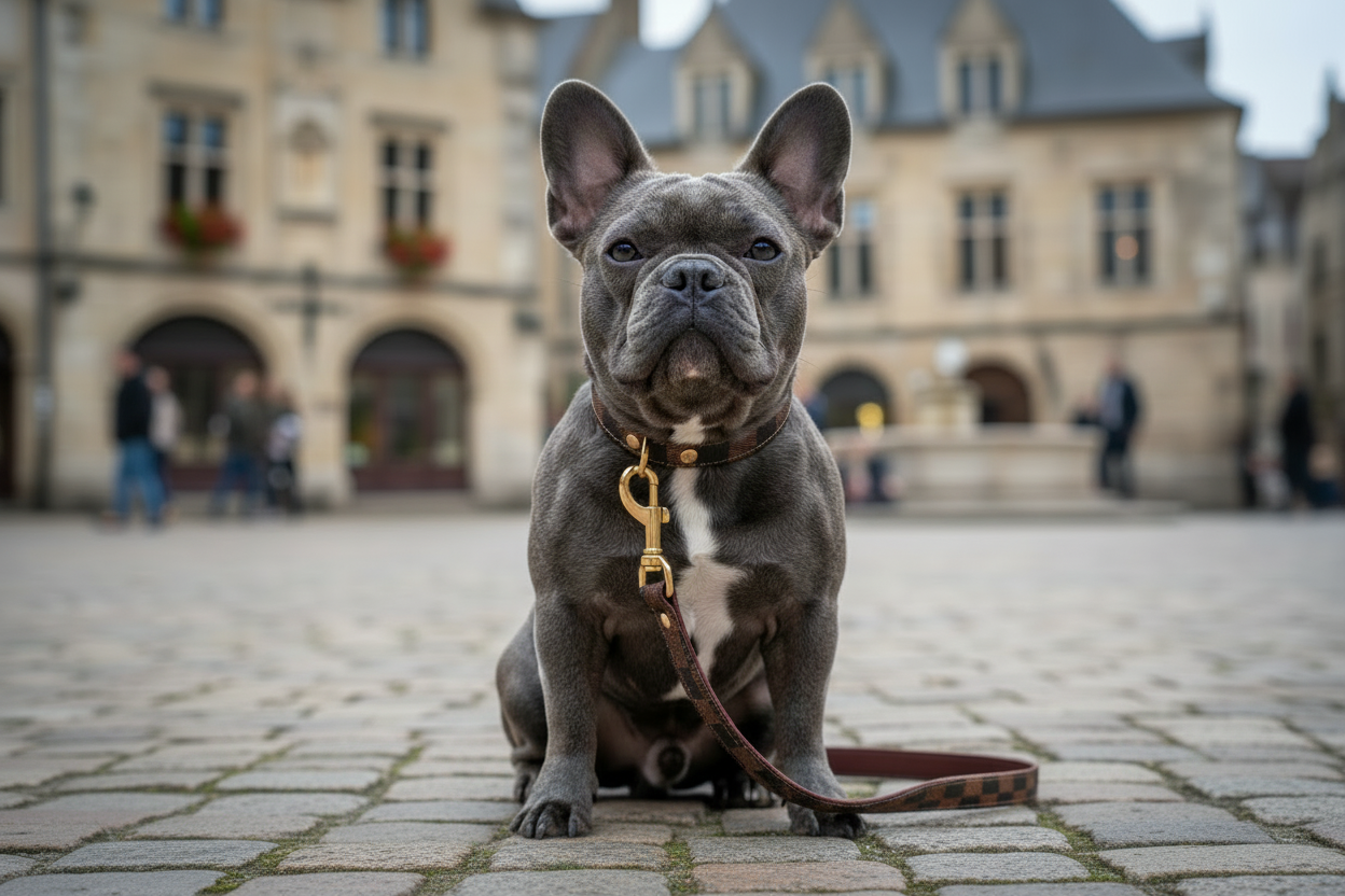 Enhanced realistic French bulldog in town square