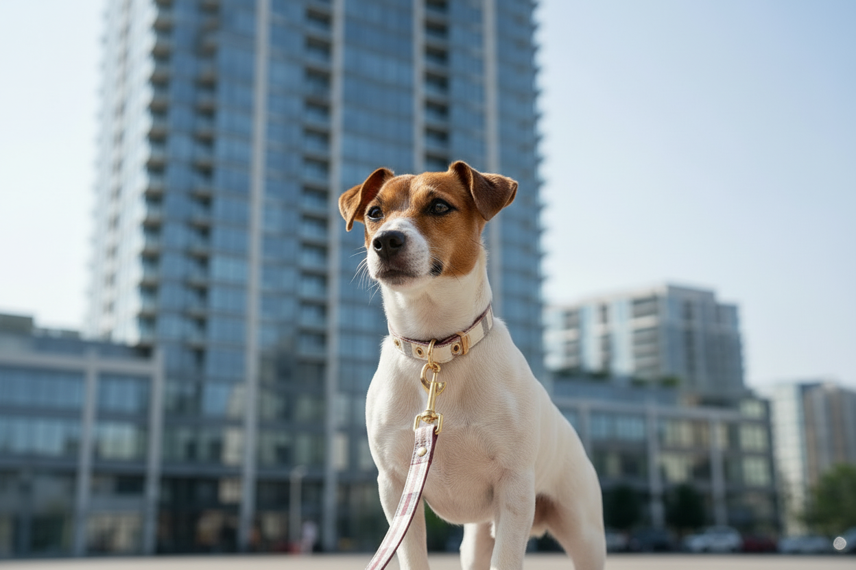 Enhanced realistic Jack Russell in front of building