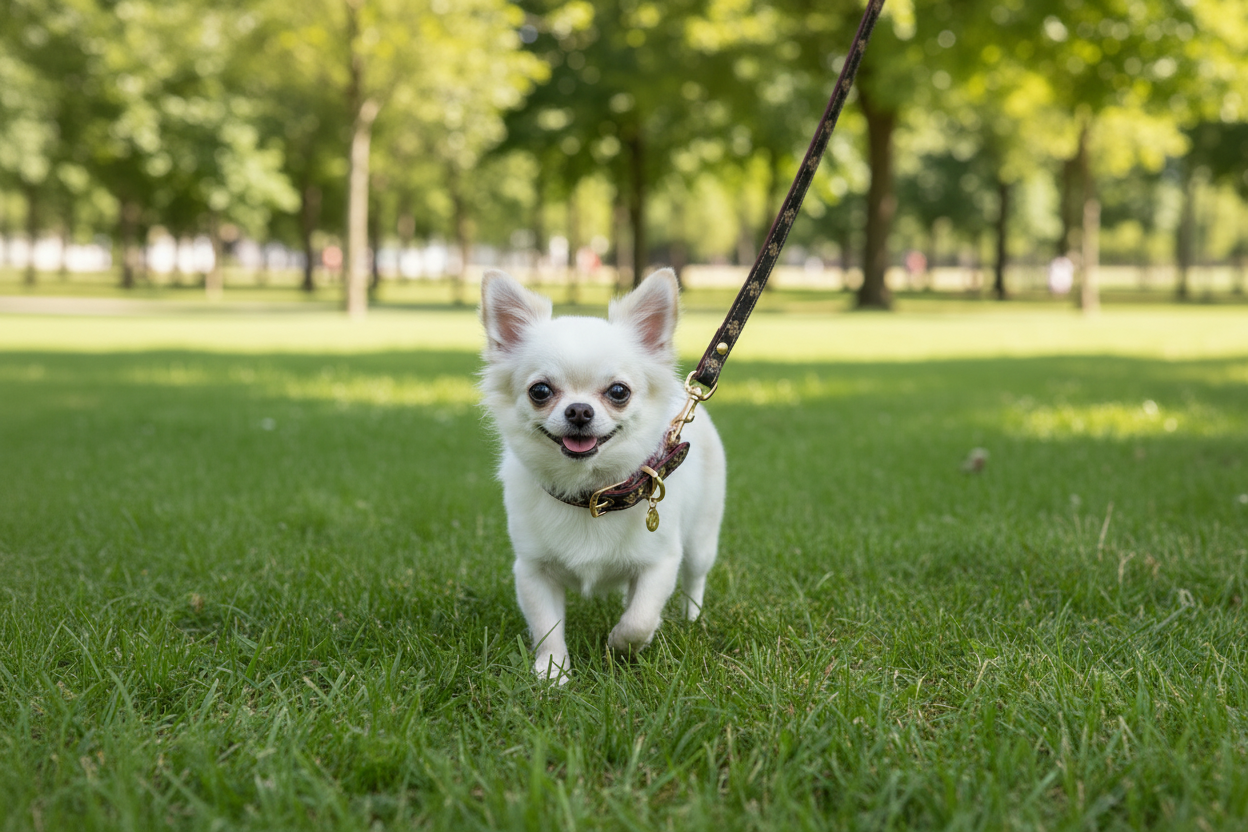 Enhanced realistic white fluffy chihuahua in park